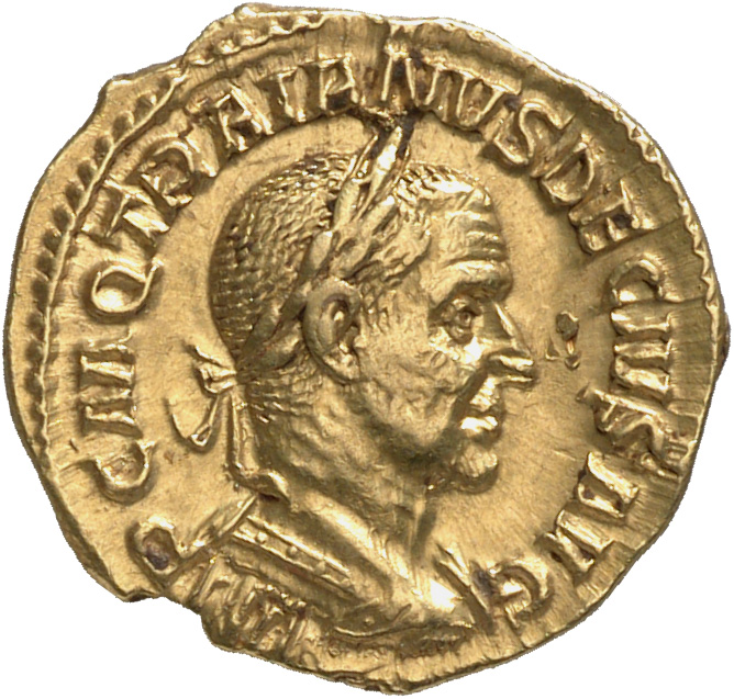 RIC IV Trajan Decius 14A Trajan Decius obverse, Bust of Trajan Decius, laureate, draped, cuirassed, right