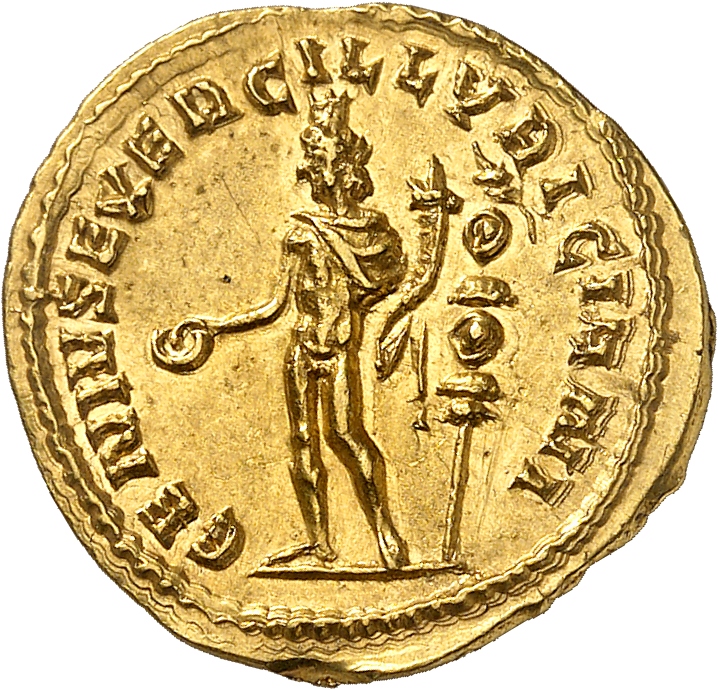 RIC IV Trajan Decius 16A Trajan Decius reverse, Genius, wearing polos on head, nude except for short cloak on shoulders, s...