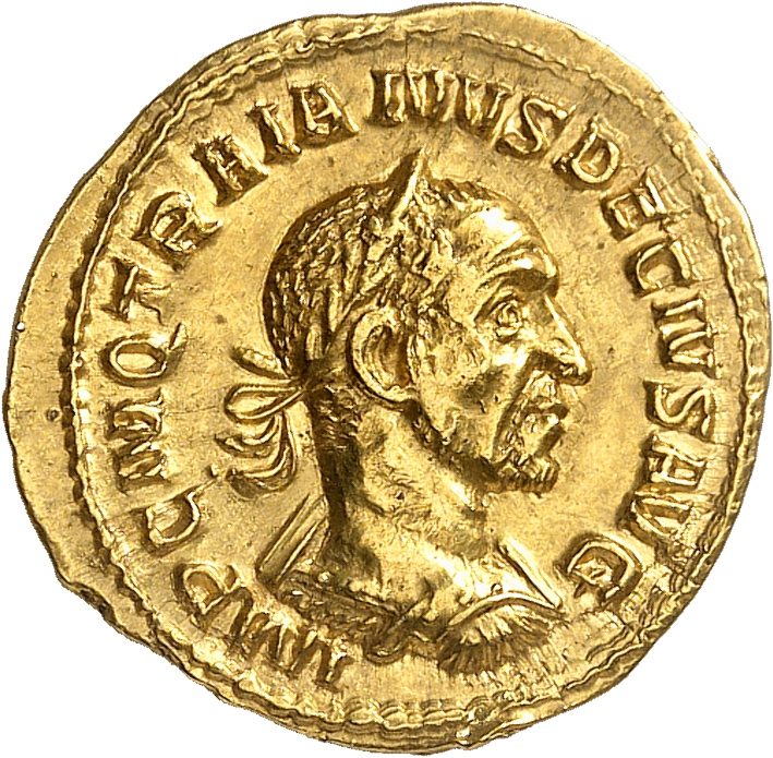 RIC IV Trajan Decius 16A Trajan Decius obverse, Bust of Trajan Decius, laureate, draped, cuirassed, right