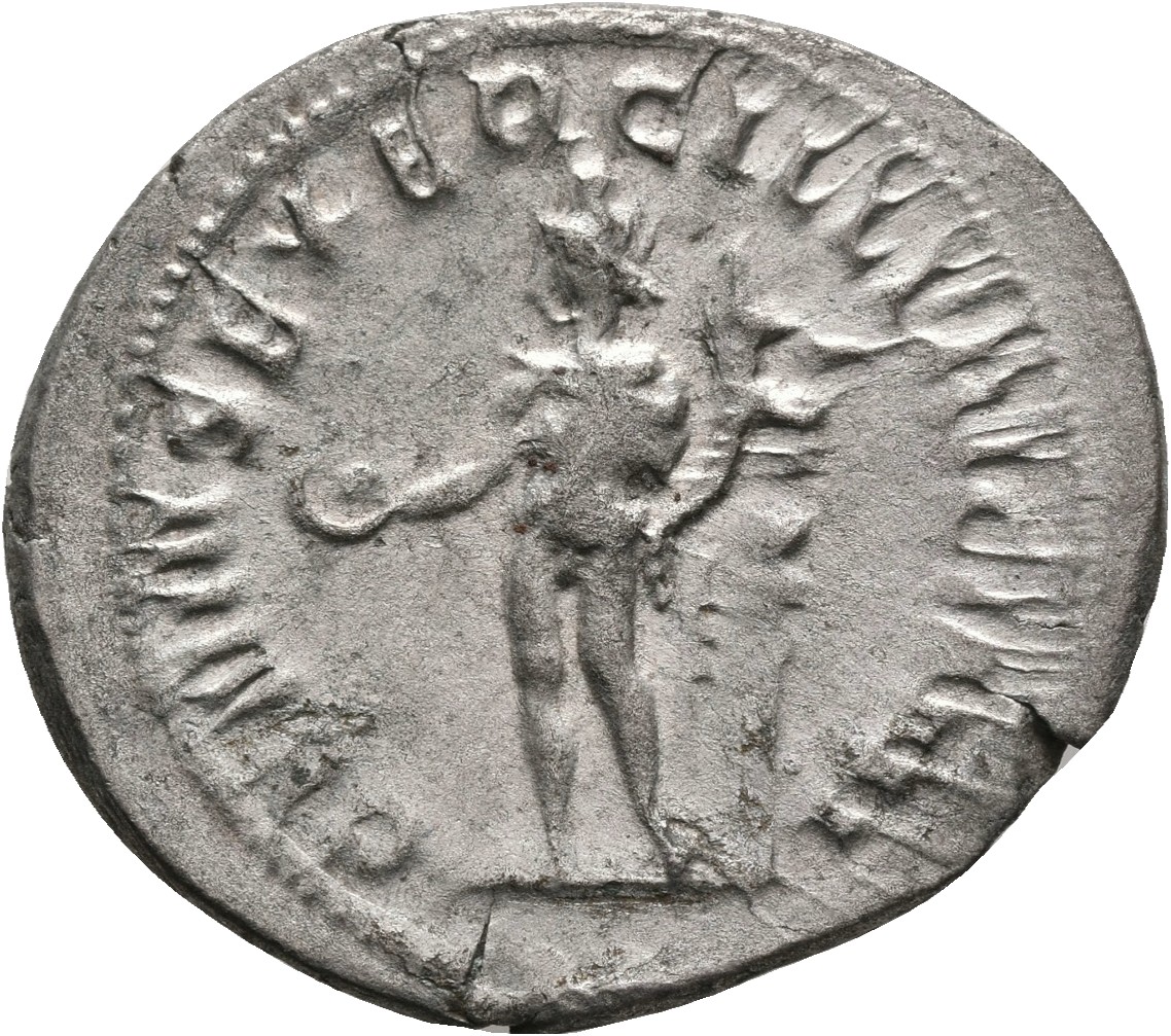 RIC IV Trajan Decius 16C Trajan Decius reverse, Genius, wearing polos on head, nude except for short cloak on shoulders, s...