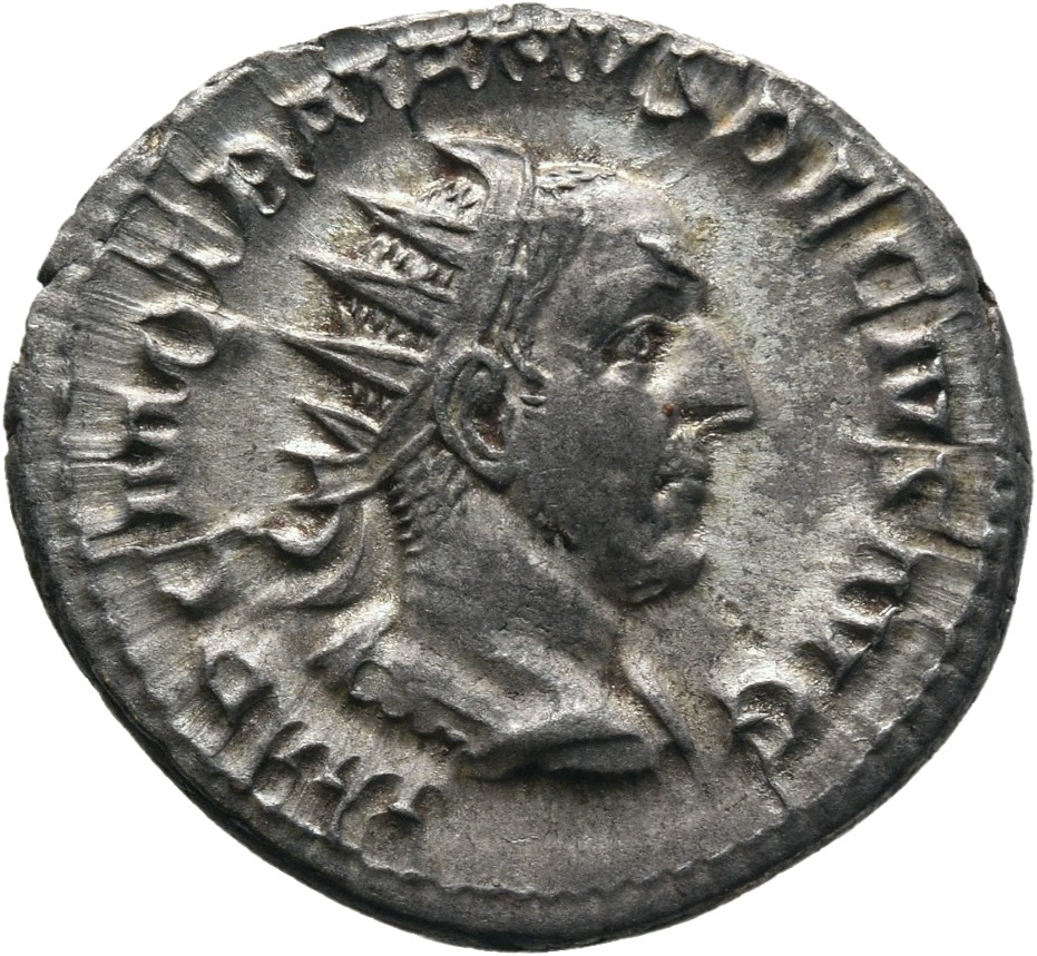 RIC IV Trajan Decius 16C Trajan Decius obverse — Bust of Trajan Decius, radiate, draped, cuirassed, right