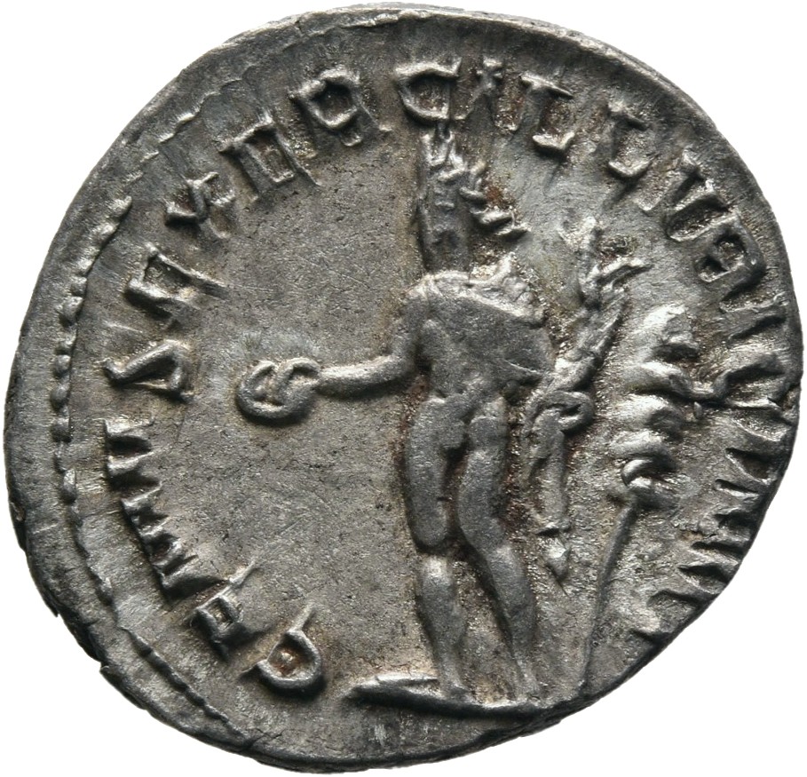 RIC IV Trajan Decius 16C Trajan Decius reverse — Genius, wearing polos on head, nude except for short cloak on shoulders, ...