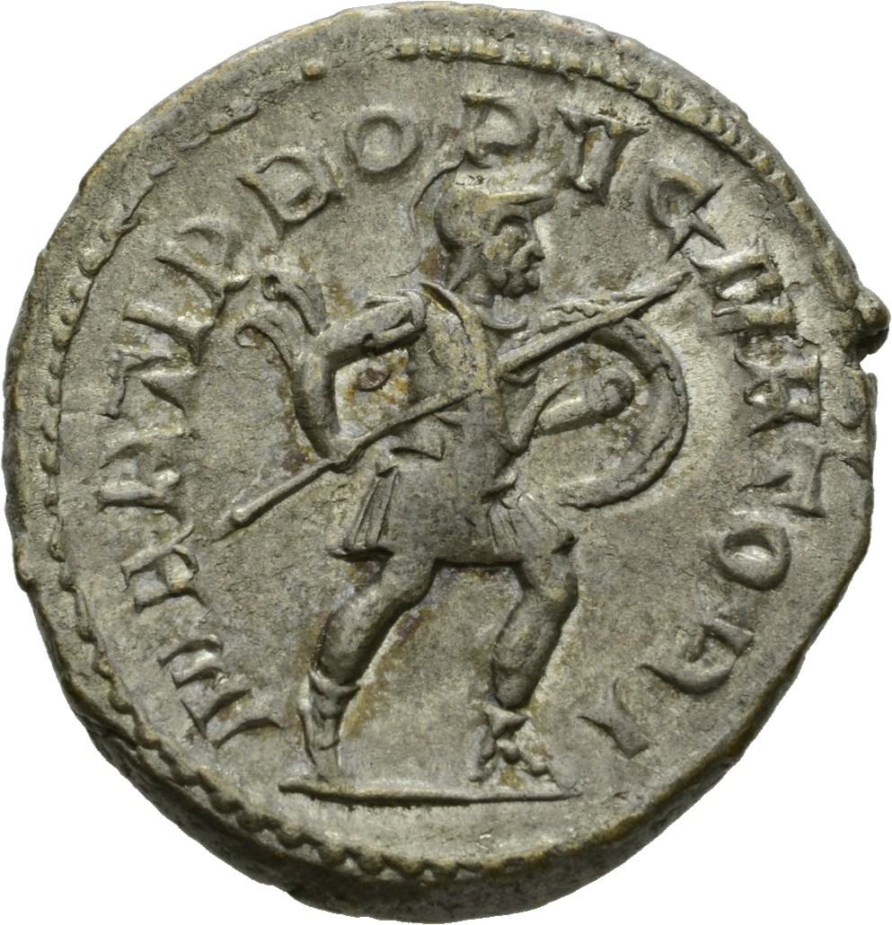 RIC IV Trajan Decius 177B Trajan Decius reverse — Mars, helmeted, in military attire, advancing right, holding spear in ri...
