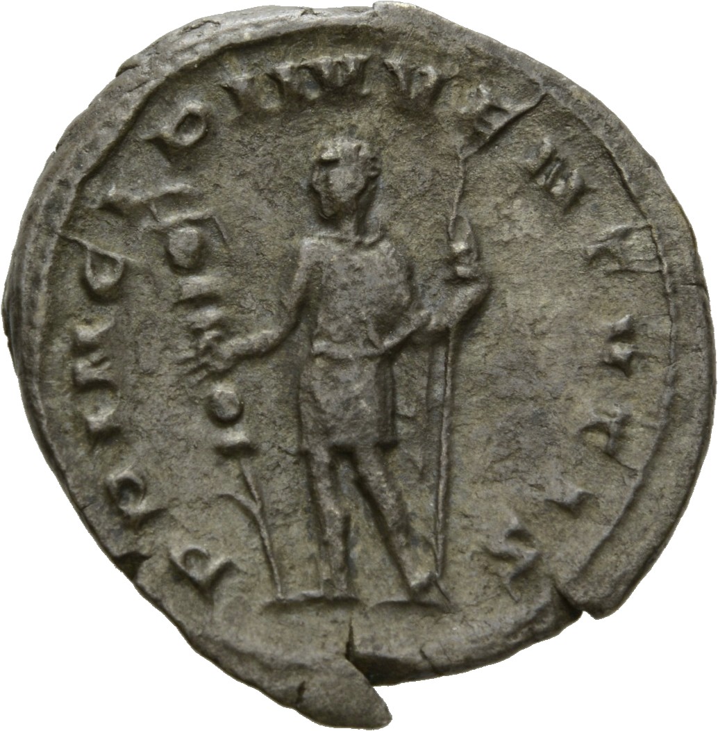 RIC IV Trajan Decius 181D Trajan Decius reverse, Hostilian, in military attire, standing left, holding standard in right h...