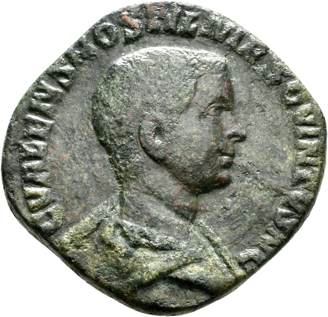 RIC IV Trajan Decius 215B (dupondius) Trajan Decius obverse, Bust of Hostilian, head bare, draped, right