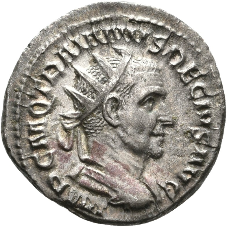 RIC IV Trajan Decius 21B Trajan Decius obverse — Bust of Trajan Decius, radiate, draped, cuirassed, right