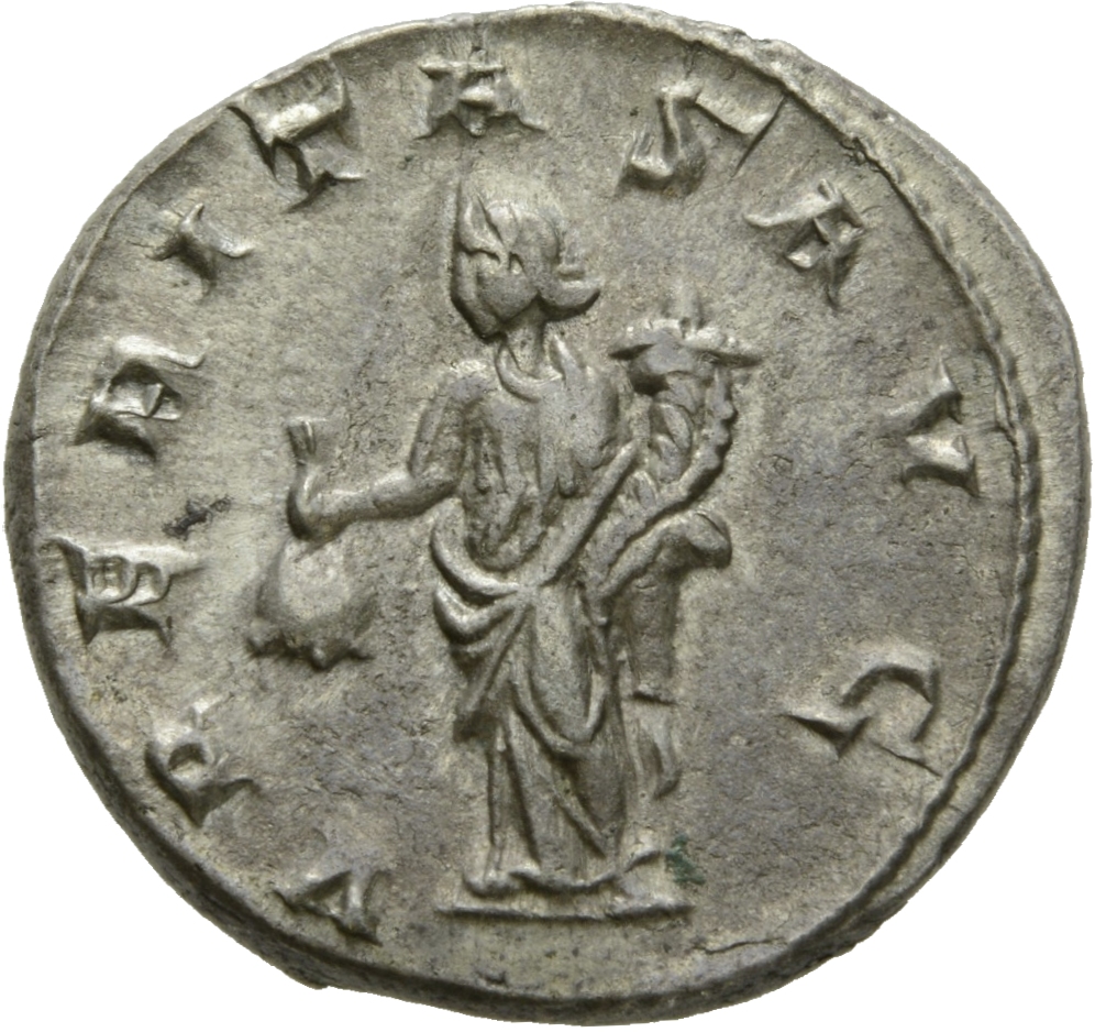 RIC IV Trajan Decius 28b Trajan Decius reverse, Uberitas, draped, standing left, holding purse in right hand and cornucopi...