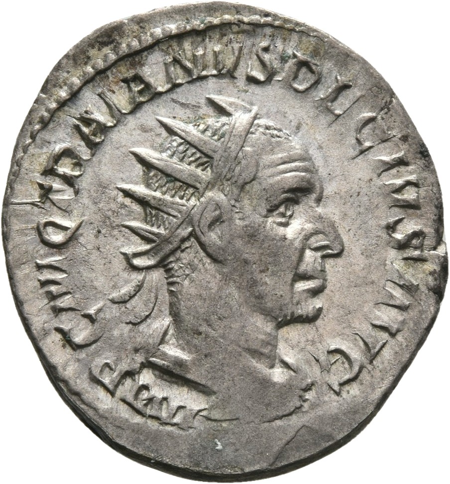 RIC IV Trajan Decius 28b Trajan Decius obverse — Bust of Trajan Decius, radiate, draped, cuirassed, right