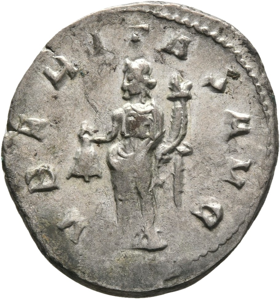 RIC IV Trajan Decius 28b Trajan Decius reverse — Uberitas, draped, standing left, holding purse in right hand and cornucop...