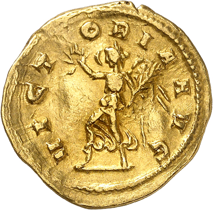 RIC IV Trajan Decius 29A Trajan Decius reverse, Victory, winged, draped, running left, holding wreath in right hand and pa...