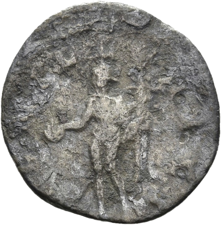 RIC IV Trajan Decius 38A Trajan Decius reverse, Genius, wearing polos on head, nude except for short cloak on shoulders, s...