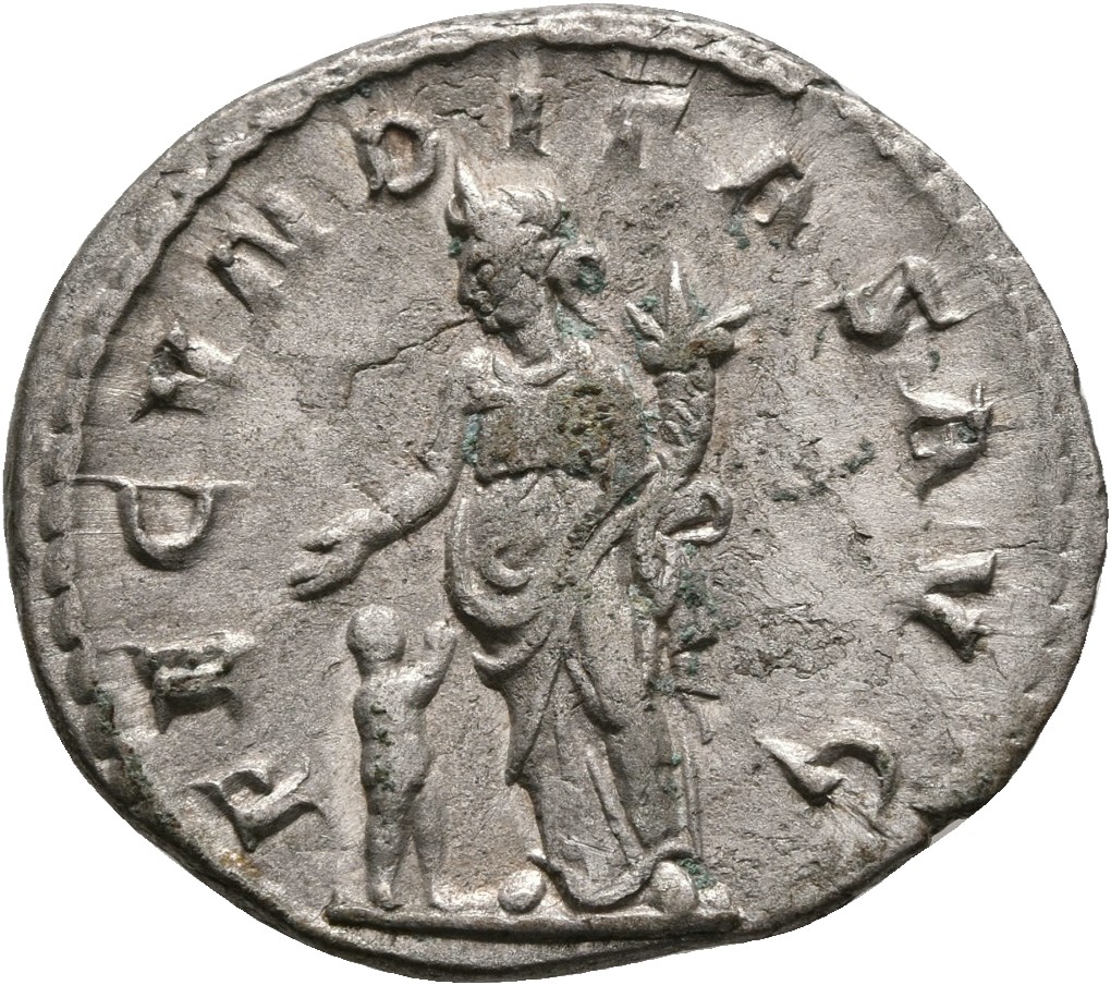 RIC IV Trajan Decius 55B Trajan Decius reverse, Fecunditas, draped, standing left, holding right hand over child standing ...