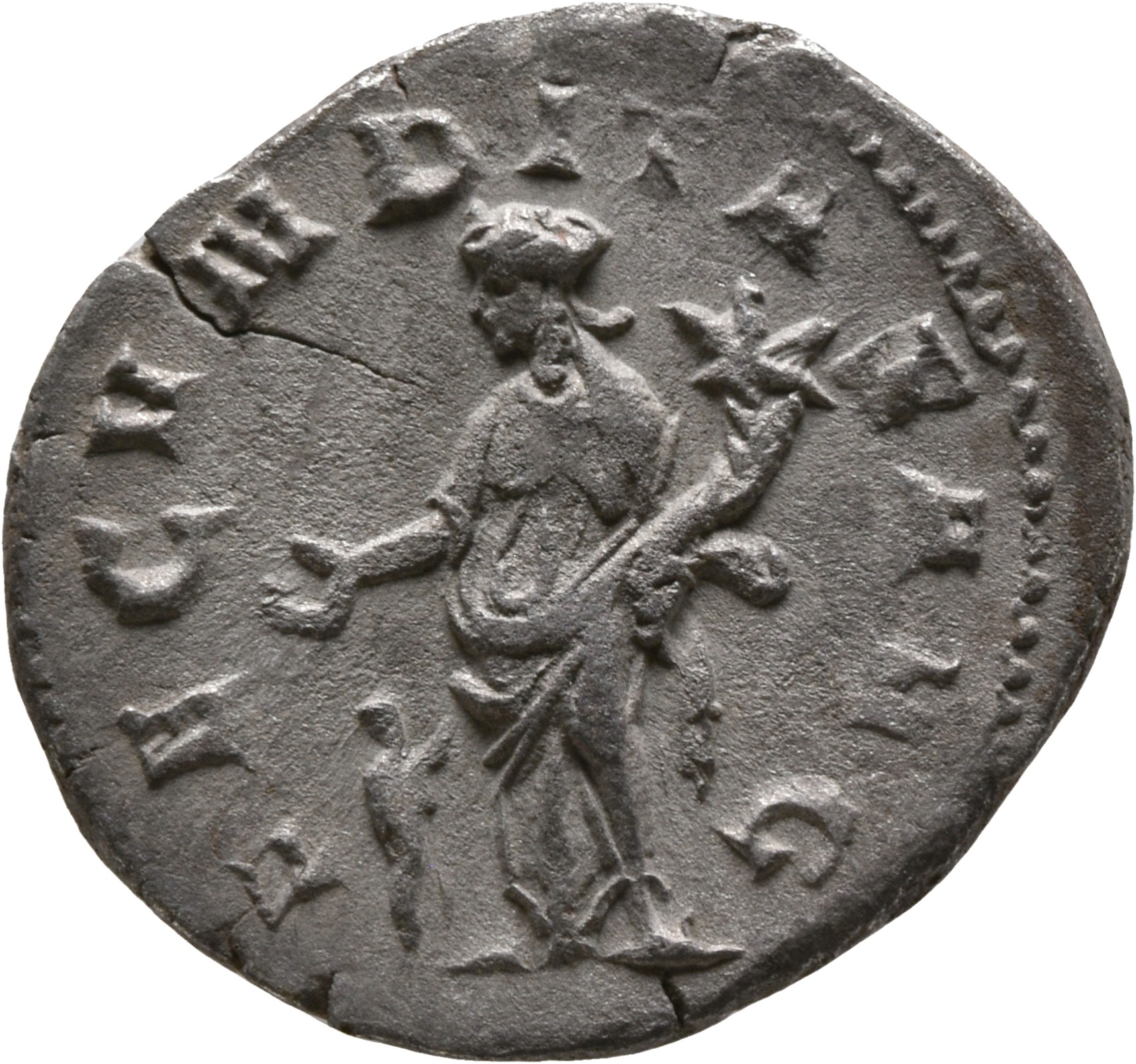 RIC IV Trajan Decius 56 Trajan Decius reverse, Fecunditas, draped, standing left, holding right hand over child standing r...
