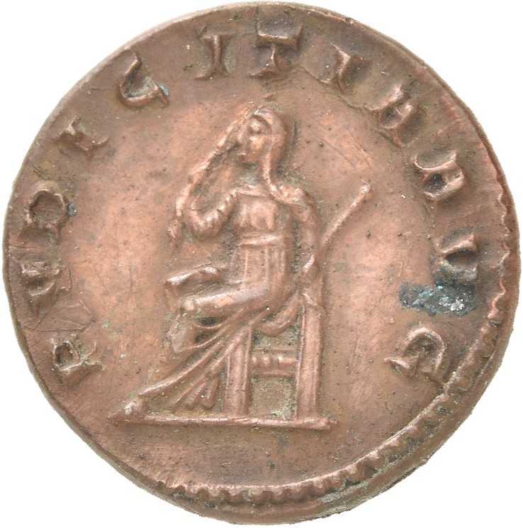 RIC IV Trajan Decius 59A Trajan Decius reverse, Pudicitia, draped, veiled, seated left, drawing veil with right hand, hold...