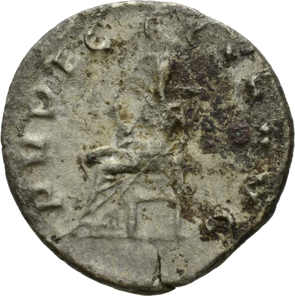 RIC IV Trajan Decius 59B Trajan Decius reverse, Pudicitia, draped, veiled, seated left, drawing veil with right hand, hold...