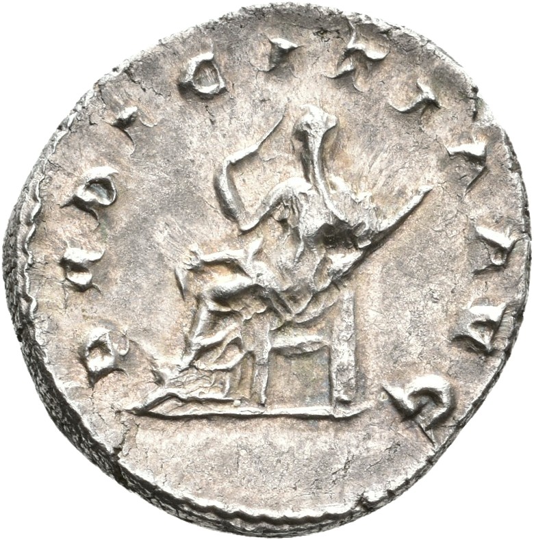 RIC IV Trajan Decius 65A Trajan Decius reverse, Pudicitia, draped, veiled, seated left, drawing veil with right hand, hold...