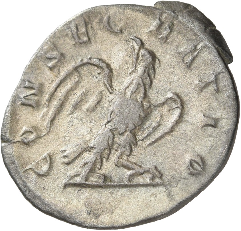 RIC IV Trajan Decius 77 Trajan Decius reverse, Eagle, with open wings, standing front on bar, head right