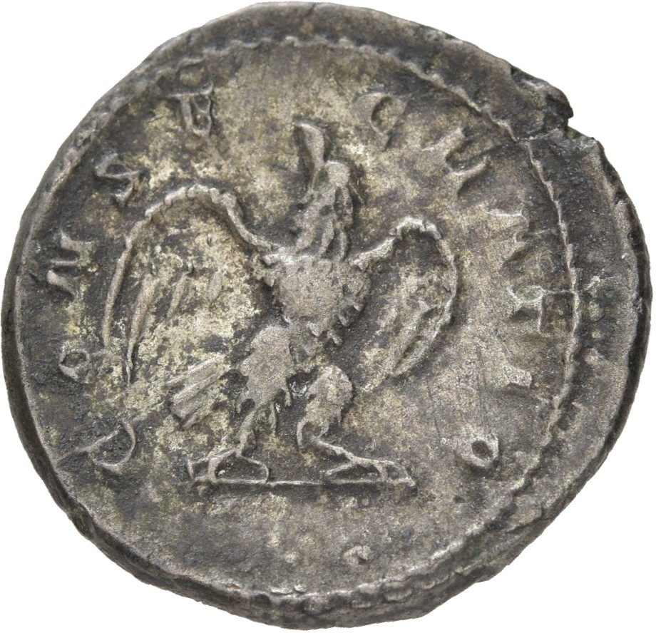 RIC IV Trajan Decius 77 Trajan Decius reverse — Eagle, with open wings, standing front on bar, head right