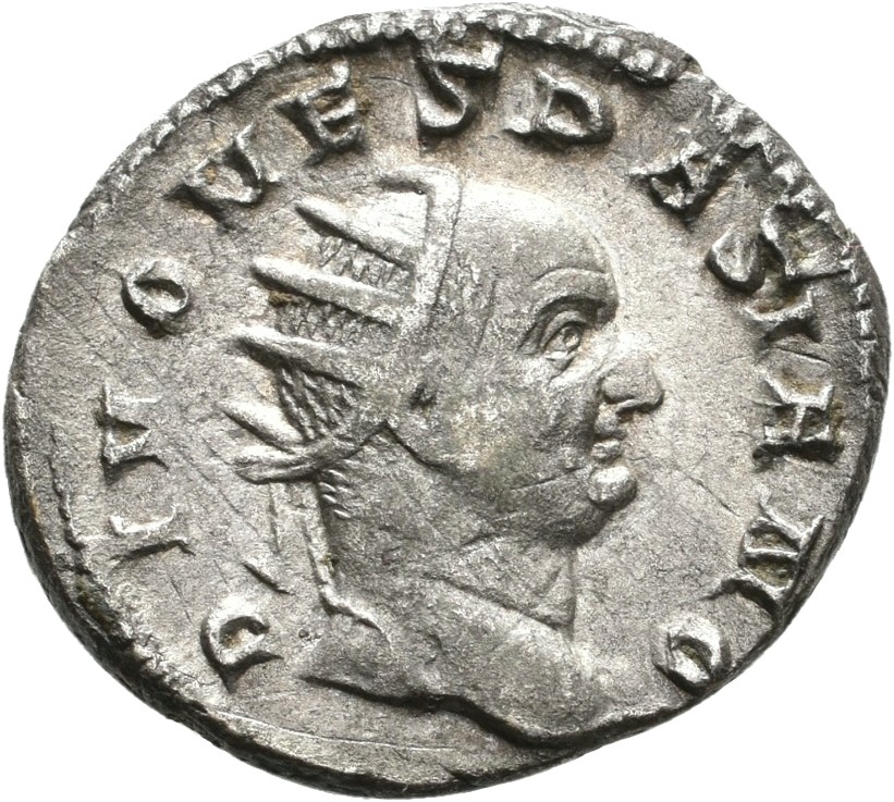RIC IV Trajan Decius 80 Trajan Decius obverse — Head of Divus Vespasianus, radiate, right