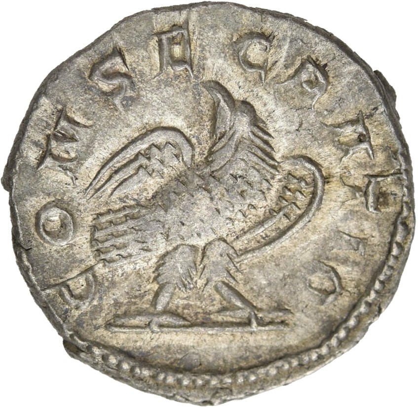 RIC IV Trajan Decius 83A Trajan Decius reverse, Eagle, with open wings, standing front on bar, head right