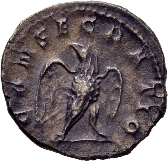 RIC IV Trajan Decius 85 Trajan Decius reverse, Eagle, with open wings, standing front on bar, head right