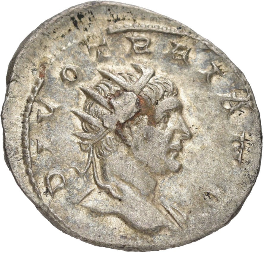 RIC IV Trajan Decius 85B Trajan Decius obverse, Bust of Divus Traianus, radiate, draped on left shoulder, right