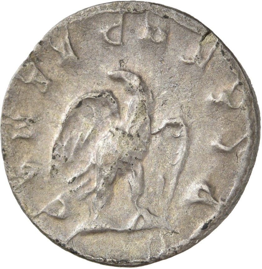 RIC IV Trajan Decius 91A Trajan Decius reverse, Eagle, with open wings, standing front on bar, head right