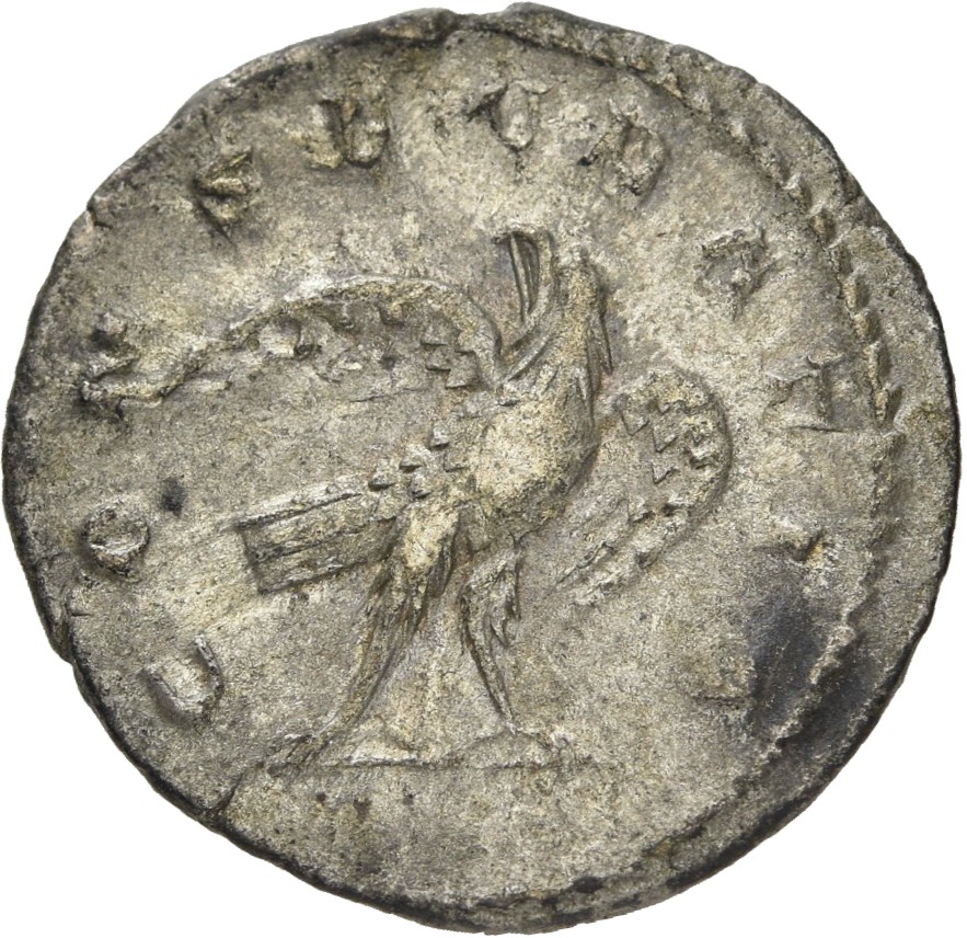 RIC IV Trajan Decius 97 Trajan Decius reverse — Eagle, with open wings, standing front on bar, head right