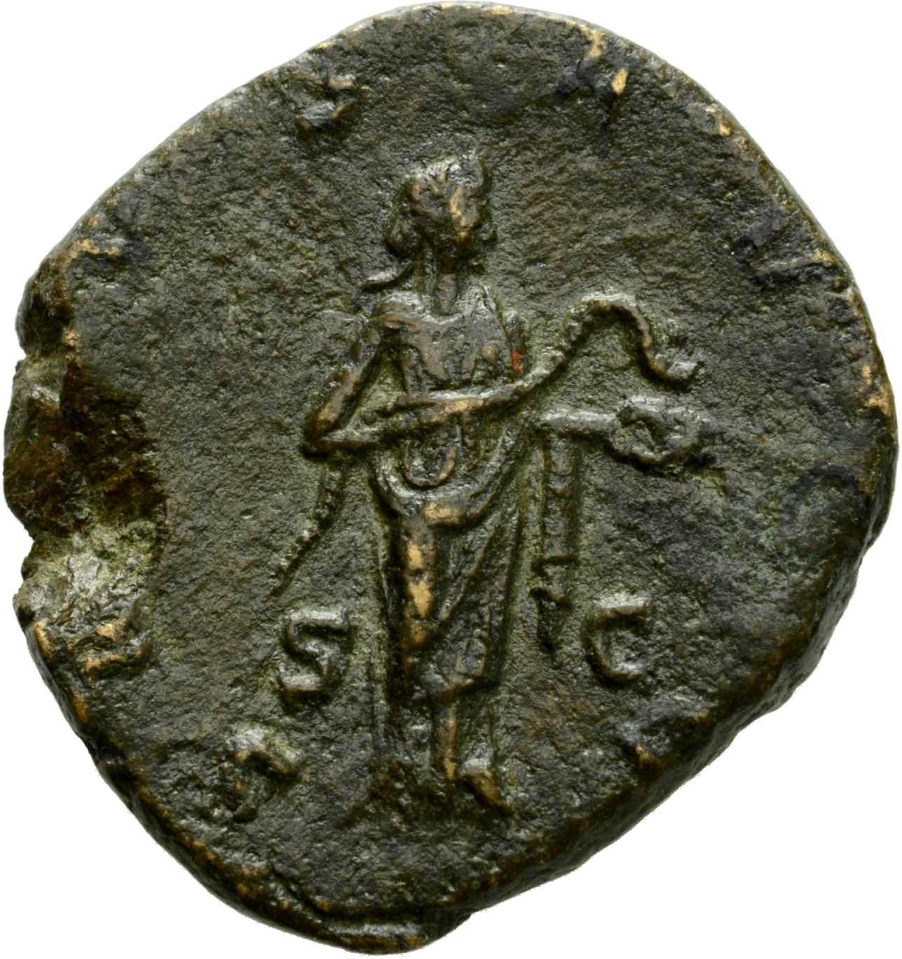 RIC IV Trebonianus Gallus 121A Trebonianus Gallus reverse, Salus, draped, standing right, holding snake held in arms