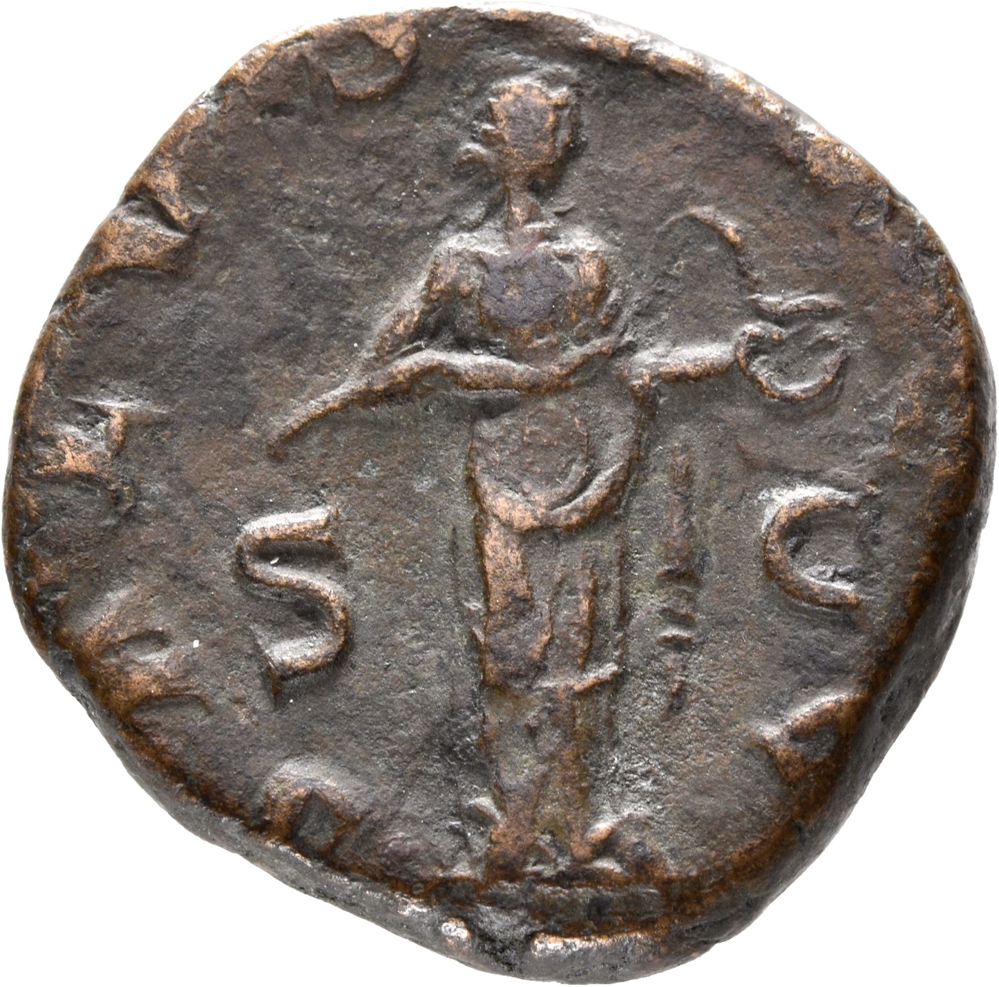 RIC IV Trebonianus Gallus 121A Trebonianus Gallus reverse — Salus, draped, standing right, holding snake held in arms