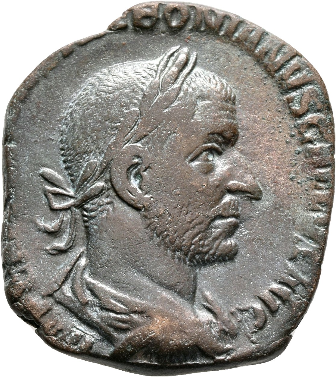 RIC IV Trebonianus Gallus 126A Trebonianus Gallus obverse — Bust of Trebonianus Gallus, laureate, draped, cuirassed, right