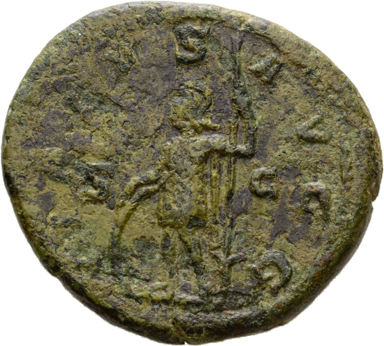 RIC IV Trebonianus Gallus 126B Trebonianus Gallus reverse, Virtus, helmeted, in military attire, standing left, resting ri...