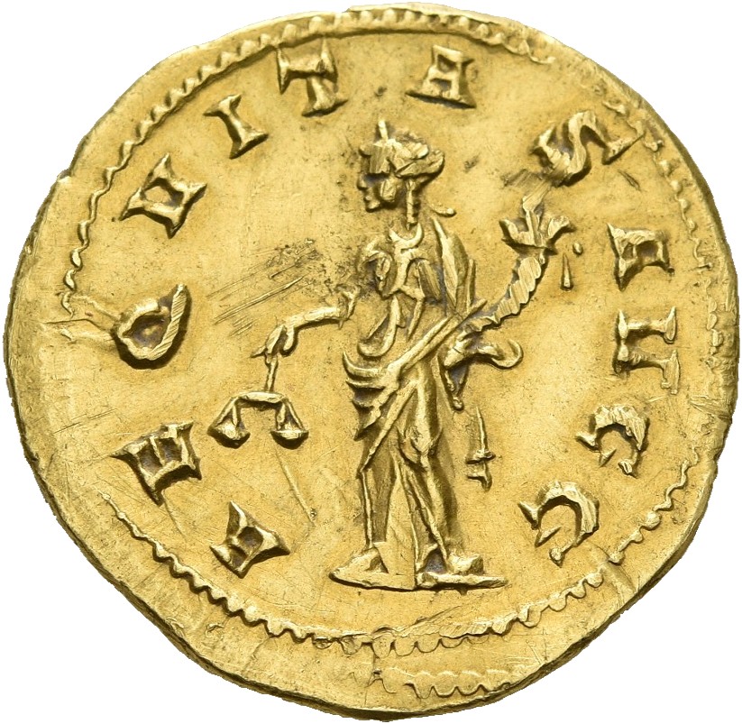 RIC IV Trebonianus Gallus 16 Trebonianus Gallus reverse, Aequitas, draped, standing left, holding scales in right hand and...