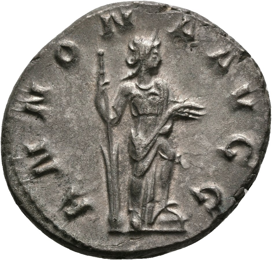 RIC IV Trebonianus Gallus 31 Trebonianus Gallus reverse, Annona, draped, standing right, holding a rudder upright with her...