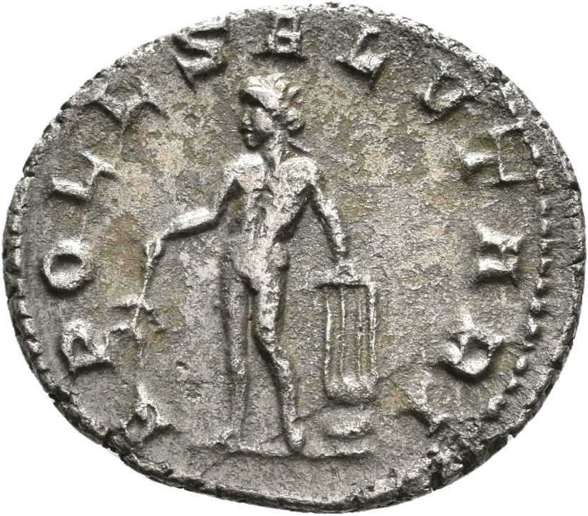 RIC IV Trebonianus Gallus 32 Trebonianus Gallus reverse, Apollo, nude, standing left, holding branch in right hand, lyre s...