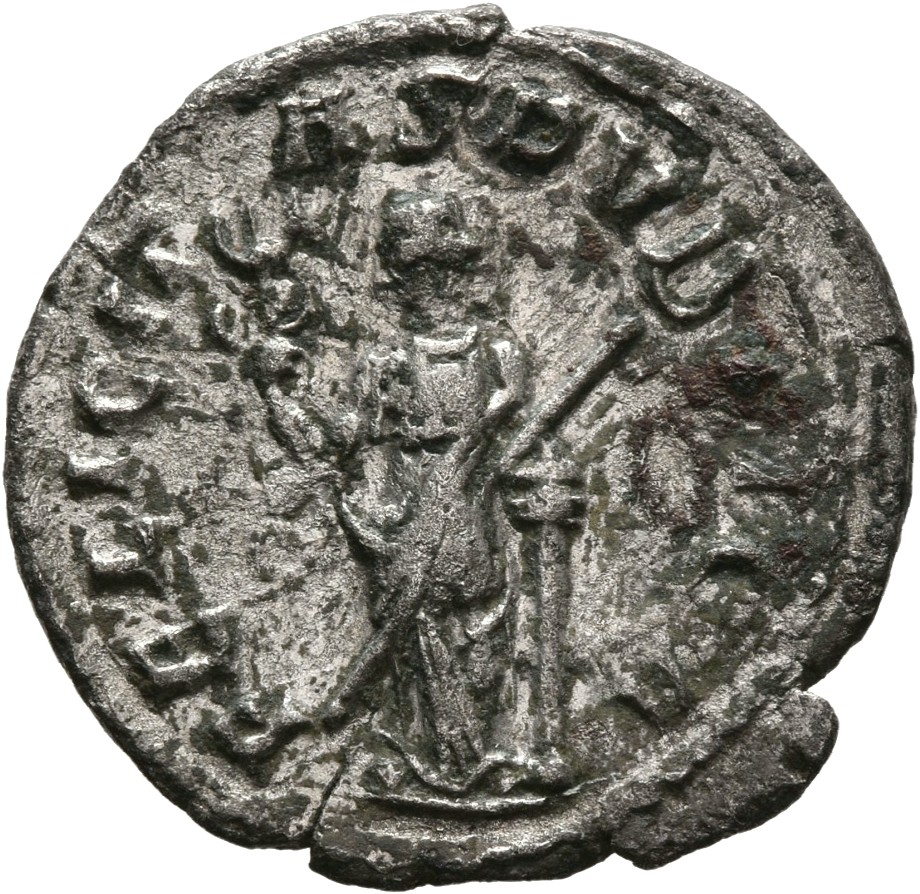 RIC IV Trebonianus Gallus 34A Trebonianus Gallus reverse, Felicitas, draped, standing left, leaning on column, holding cad...