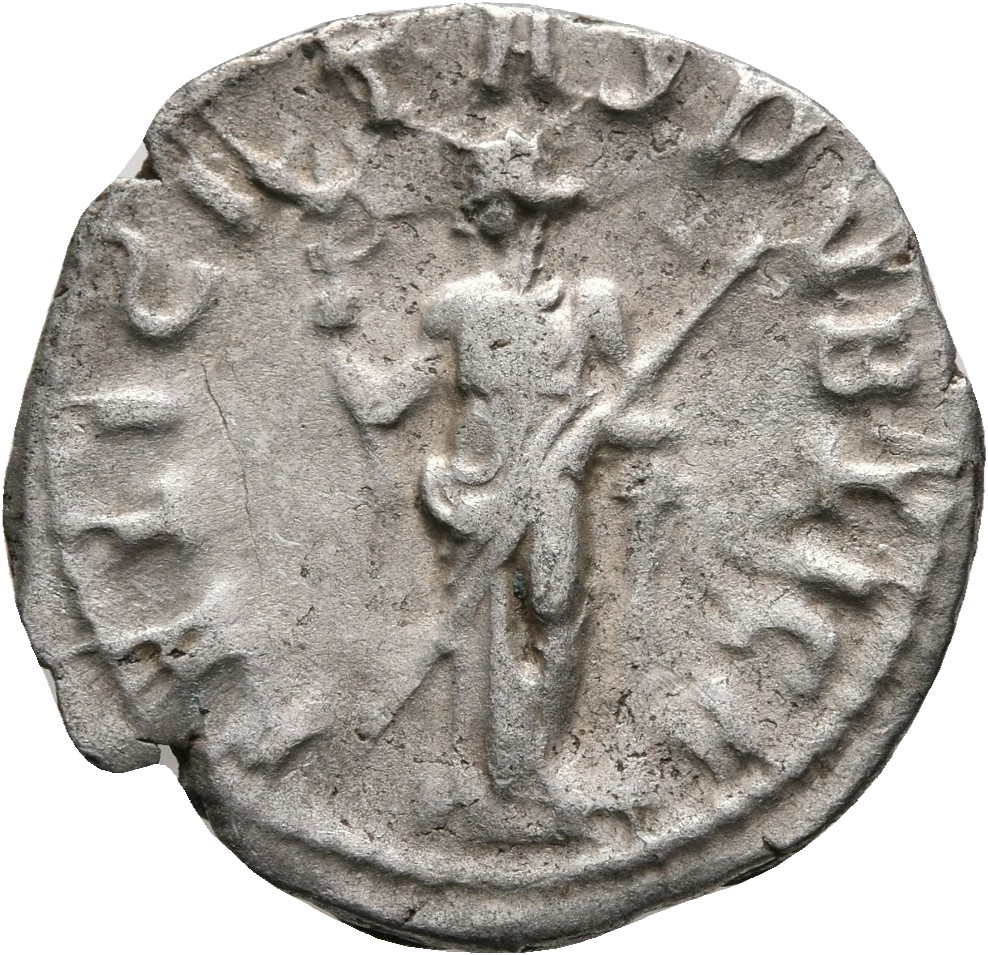 RIC IV Trebonianus Gallus 34A Trebonianus Gallus reverse — Felicitas, draped, standing left, leaning on column, holding ca...