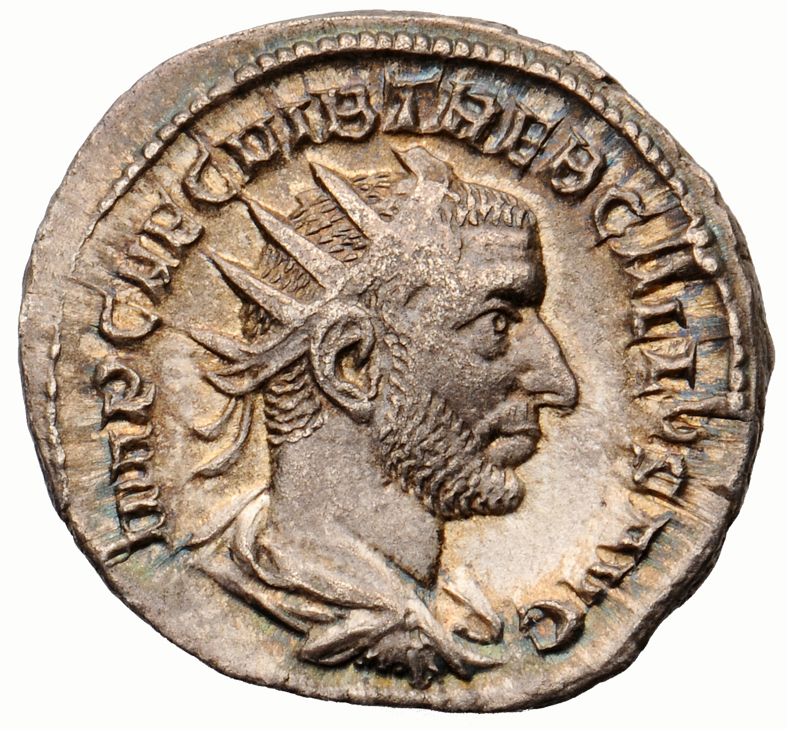 RIC IV Trebonianus Gallus 37 Trebonianus Gallus obverse, Bust of Trebonianus Gallus, radiate, draped, cuirassed, right