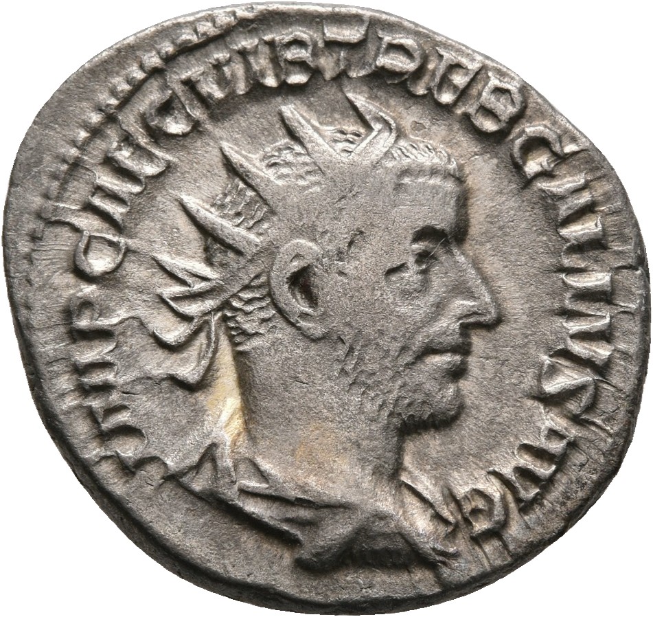 RIC IV Trebonianus Gallus 39 Trebonianus Gallus obverse — Bust of Trebonianus Gallus, radiate, draped, cuirassed, right