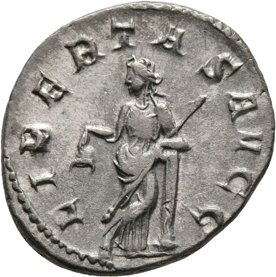 RIC IV Trebonianus Gallus 39 Trebonianus Gallus reverse — Libertas, draped, standing left, legs crossed, resting on column...