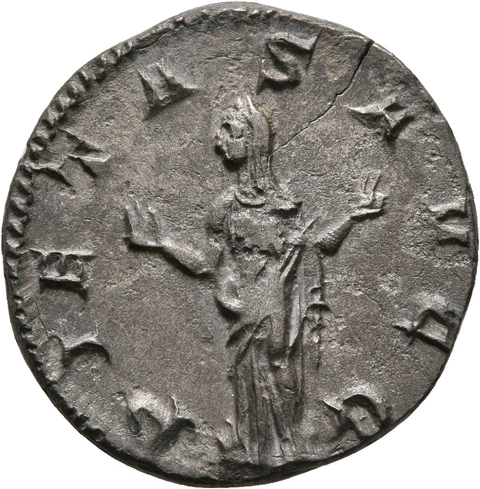RIC IV Trebonianus Gallus 41 Trebonianus Gallus reverse, Pietas, veiled, draped, standing left, raising both hands
