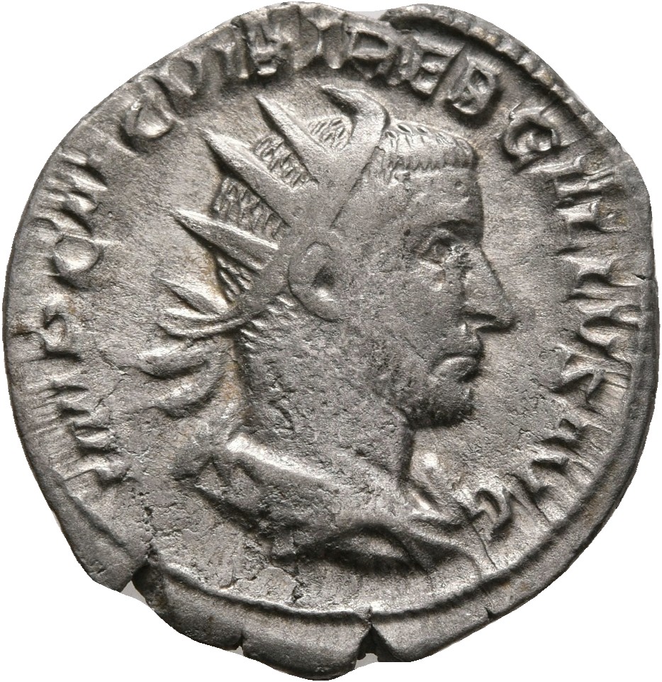 RIC IV Trebonianus Gallus 48A Trebonianus Gallus obverse, Bust of Trebonianus Gallus, radiate, draped, cuirassed, right