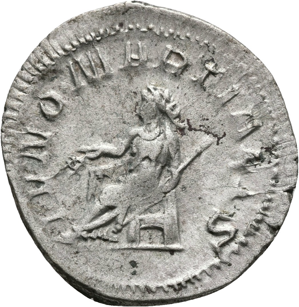 RIC IV Trebonianus Gallus 69 Trebonianus Gallus reverse, Juno, draped, seated left, holding corn-ears in right hand and sc...