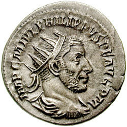 RIC IV Trebonianus Gallus 69 Trebonianus Gallus obverse — Bust of Trebonianus Gallus, radiate, draped, cuirassed, right