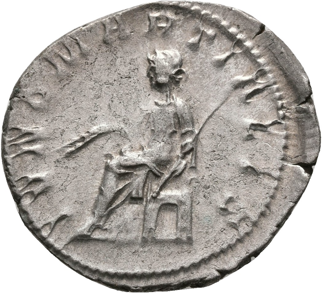 RIC IV Trebonianus Gallus 69 Trebonianus Gallus reverse — Juno, draped, seated left, holding corn-ears in right hand and s...