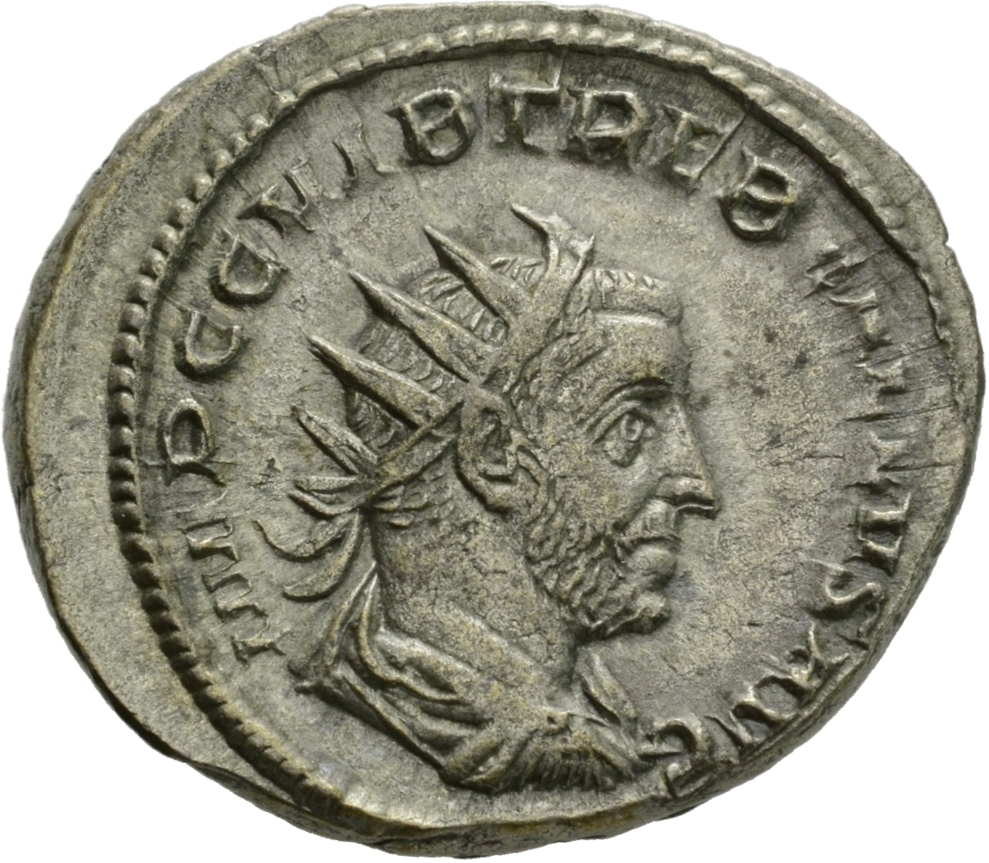 RIC IV Trebonianus Gallus 70 Trebonianus Gallus obverse, Bust of Trebonianus Gallus, radiate, draped, cuirassed, right