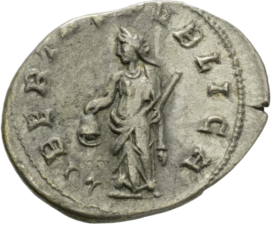 RIC IV Trebonianus Gallus 70 Trebonianus Gallus reverse, Libertas, draped, standing left, holding pileus in right hand and...