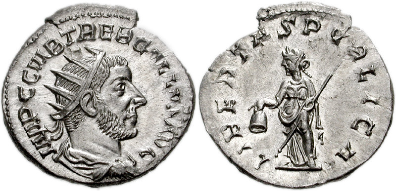 RIC IV Trebonianus Gallus 70 Trebonianus Gallus obverse — Bust of Trebonianus Gallus, radiate, draped, cuirassed, right
