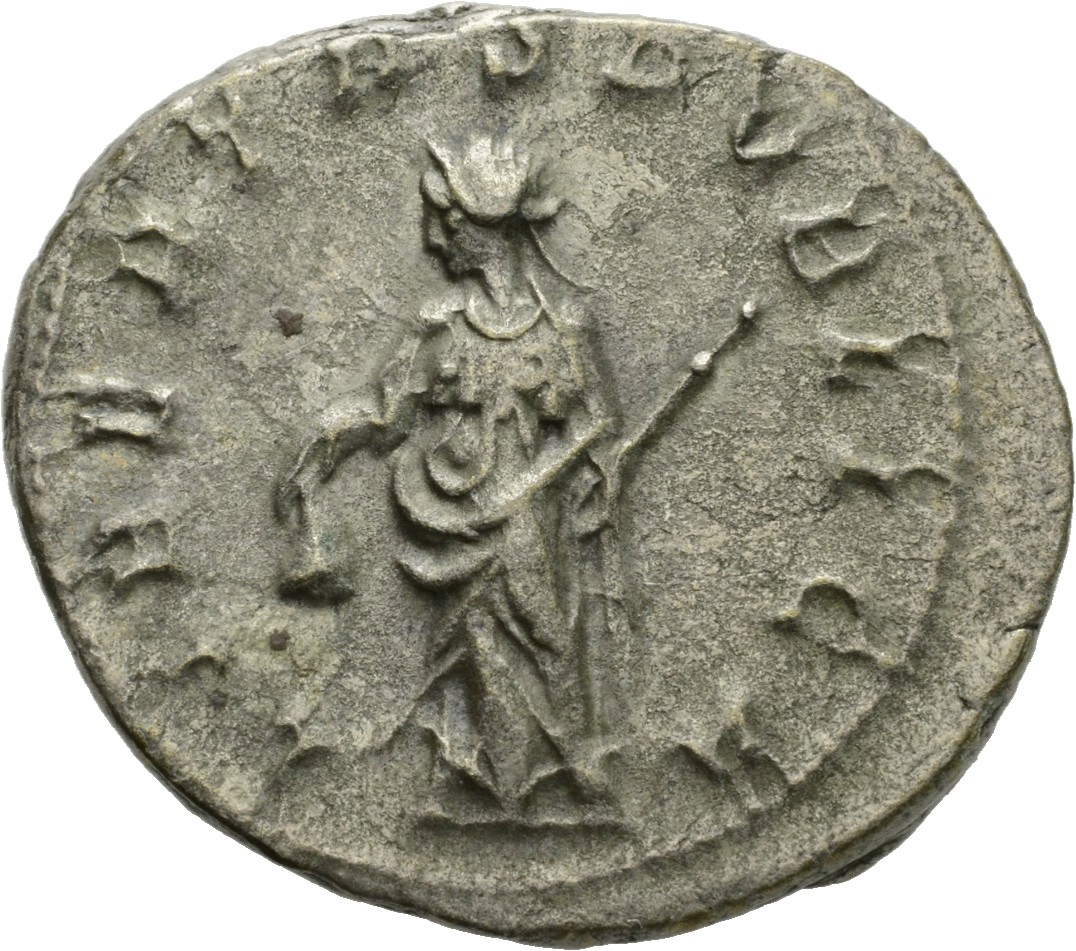RIC IV Trebonianus Gallus 70 Trebonianus Gallus reverse — Libertas, draped, standing left, holding pileus in right hand an...