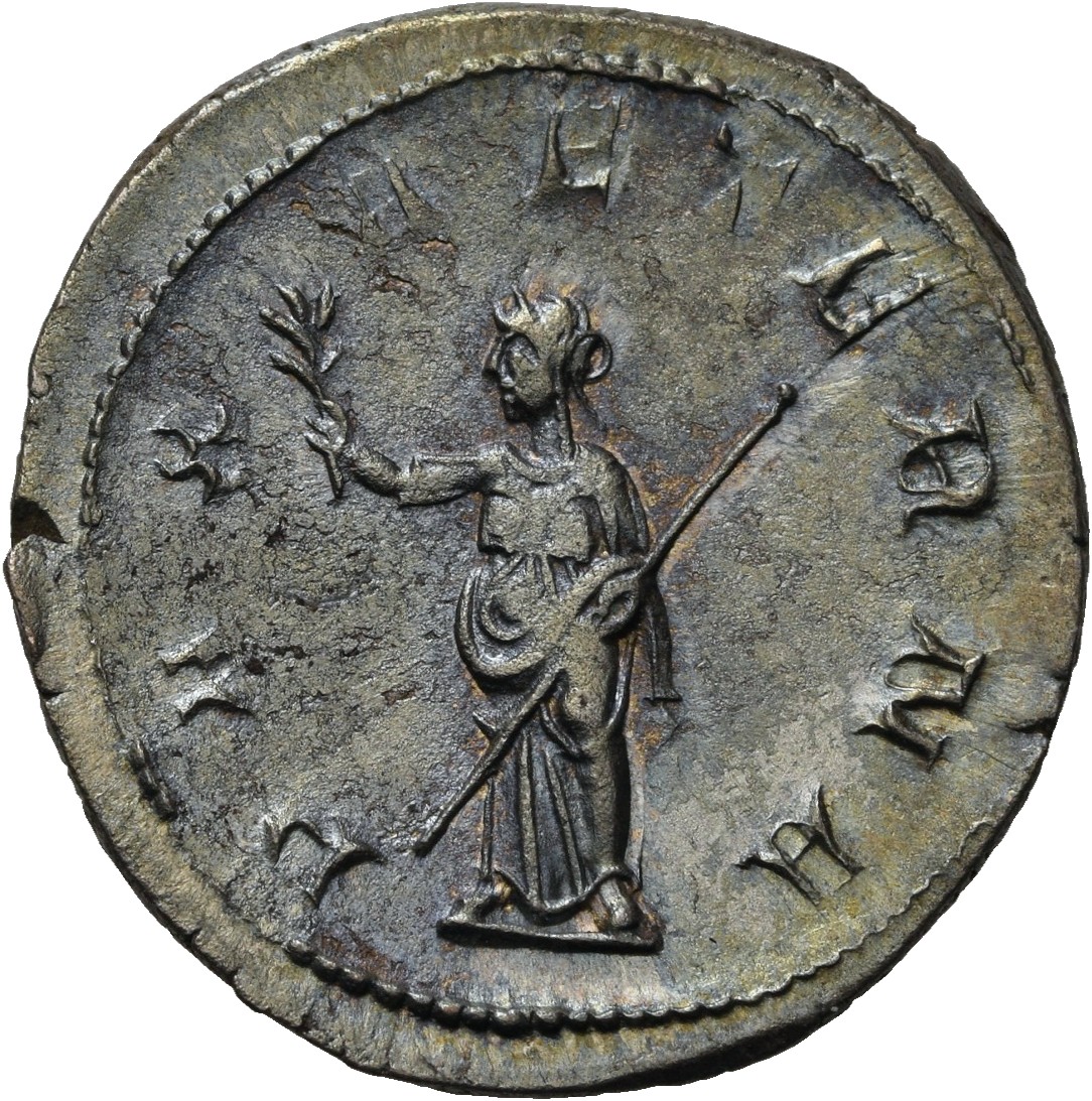 RIC IV Trebonianus Gallus 71 Trebonianus Gallus reverse — Pax, draped, standing left, holding branch in right hand and tra...
